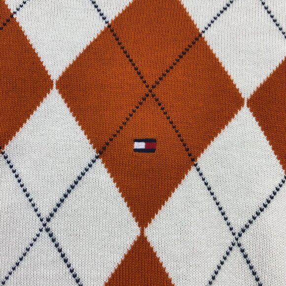 Tommy Hilfiger Argyle Sweater Men Large L Orange White Diamond Pattern Preppy - Picture 2 of 8